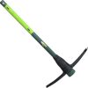 Green-handled pickaxe on white background