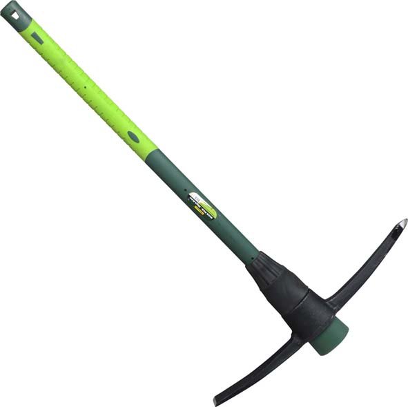 Green-handled pickaxe on white background