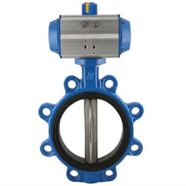 Industrial blue butterfly valve with pneumatic actuator