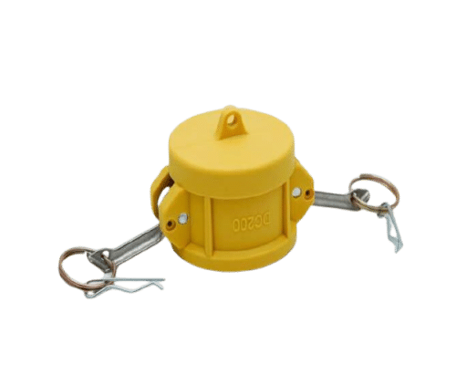 Yellow camlock coupling cap with locking pins