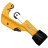 Yellow handheld pipe cutter tool on white background