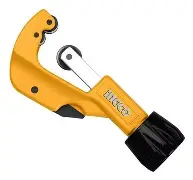 Yellow handheld pipe cutter tool on white background