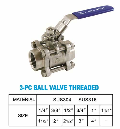 Stainless steel 3-piece threaded ball valve